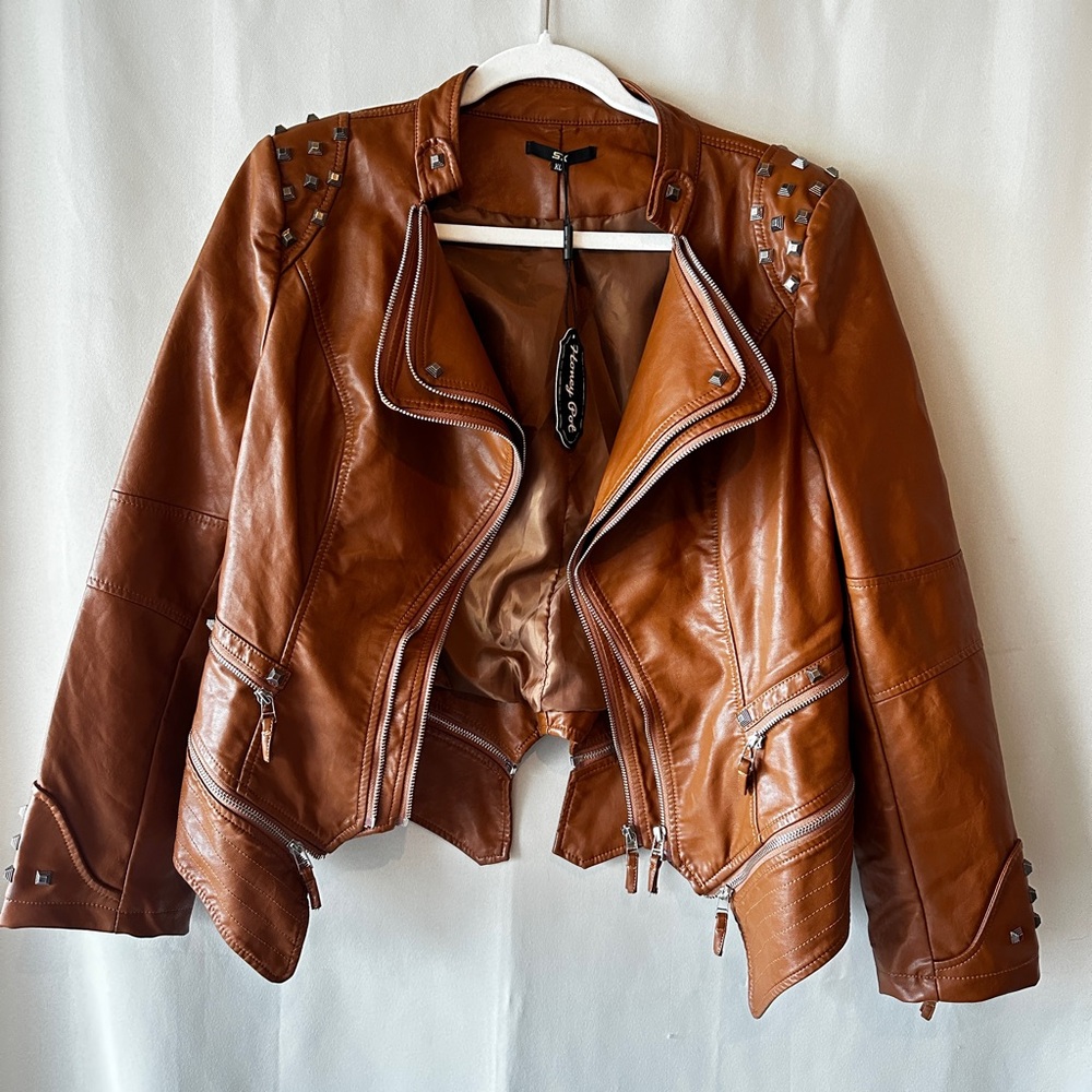 Women's Fashion Studded Perfectly Shaping Faux Leather Biker Jacket